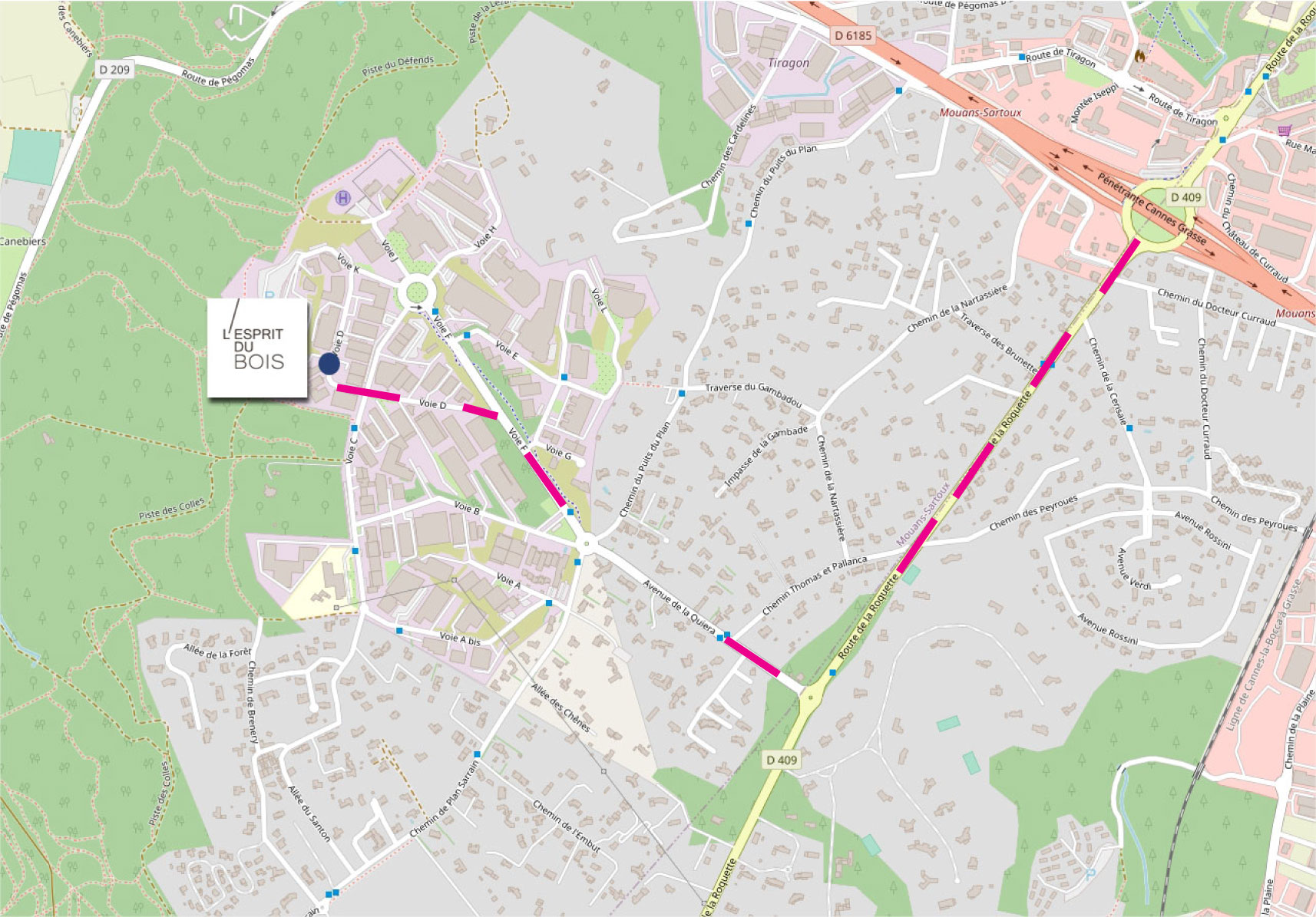 Carte chemin vers L'Esprit du bois depuis la quatre voie